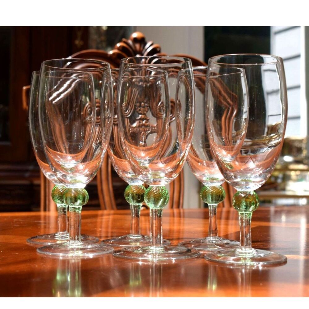 Set of 6 Vintage Green Spiral Ball Stem Wine Goblets Hand Blown Clear Bowl 7.5in